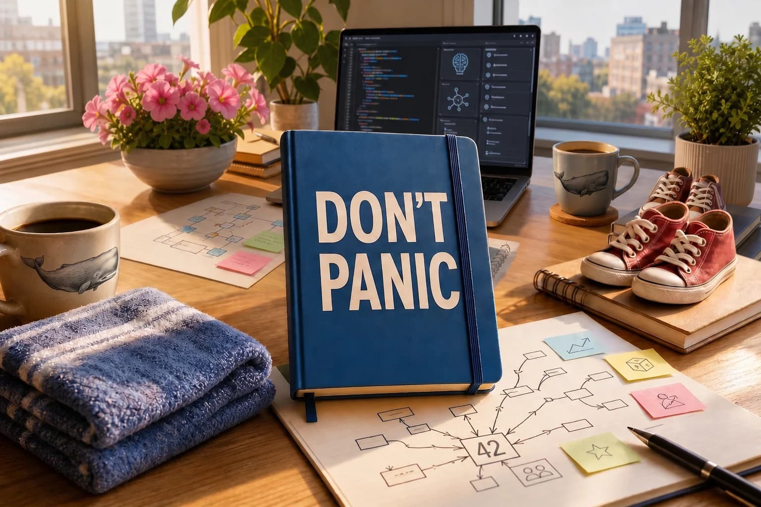 Engineer's desk with a 'Don't Panic' notebook, a laptop showing AI neural-network graphics, a '42' luggage tag, blue towel, pink petunias, and red sneakers.